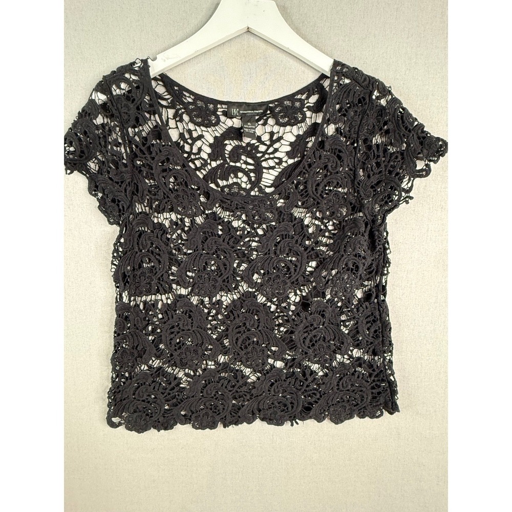 Vintage Y2K INC Crochet Layering Top Women XL Black Floral Lace Cap Sleeve Goth